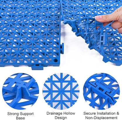 Modular Interlocking Cushion 12 Pack 11.8" x 11.8" Rubber Floor Tiles Non-Slip Splicing Drainage Mats for Deck, Pool, Outdoor Shower, Patio, Balcony, Indoor Bathroom, Kitchen, Yard (Blue)