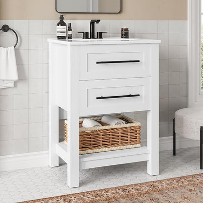 LIKIMIO 24" Bathroom Vanity with Sink, 2 Drawers & Open Shelf, White | Freestanding Bathroom Vanity, Integrated Ceramic Sink, U-Shaped Drawers, Modern Bathroom Storage Cabinet, Easy Assembly