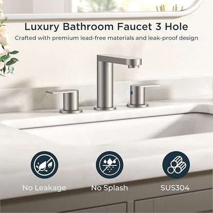 FORIOUS Brushed Nickel Bathroom Faucets 3 Hole, 8 Inch Widespread Bathroom Sink Faucet with Pop-up Drain and cUPC Supply Lines for Basin, Vanity, Laundry Room and Restroom