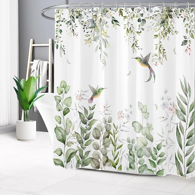 HVEST Sage Green Plant Shower Curtain for Bathroom, Eucalyptus Leaves with Floral and Hummingbird on White Shower Curtain with Hooks, Green Botanical Bathroom Curtains Shower Set, 72X78 inch