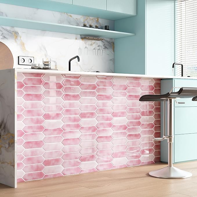 ReWallpaper 17-Sheet Peel and Stick Tile Backsplash Self Adhesive Wall Tiles for Bathroom Waterproof Pink Marble Long Hexagon Stick on Backsplash for Kitchen RV Laundry Room Easy to Install 12x12 inch