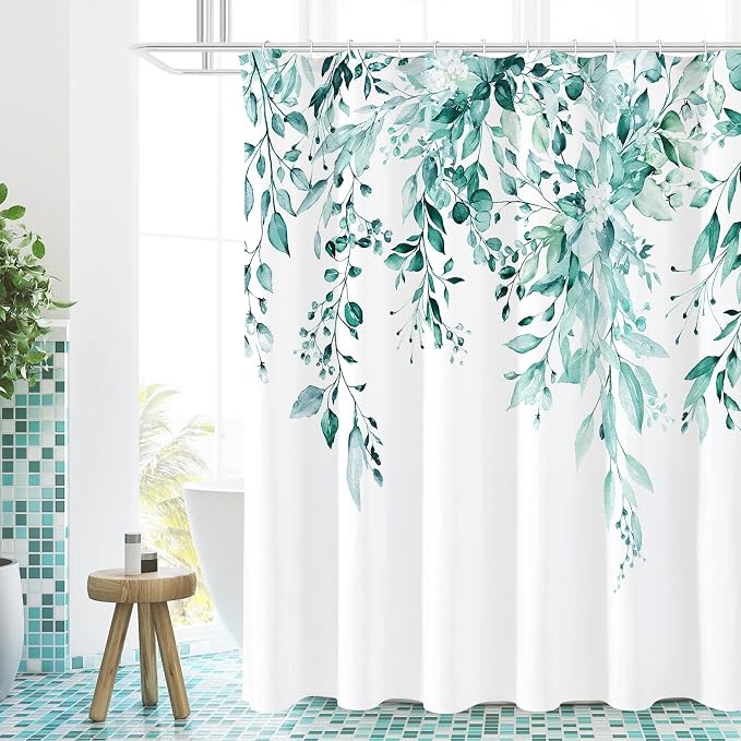 Teal Eucalyptus Shower Curtain, Watercolor Floral Print, 72x96 | Watercolor Plant Leaves Floral Print, Extra Long Waterproof Fabric Bathroom Decor, Machine Washable, Rustproof Grommets