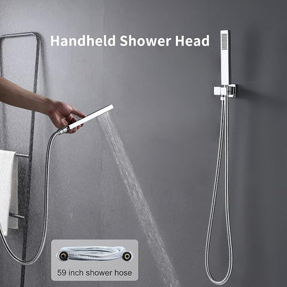 Chrome Shower System Set with 2 Rain Shower Head(12+8 inch), Handheld Shower, with Digital Temperature Display Function