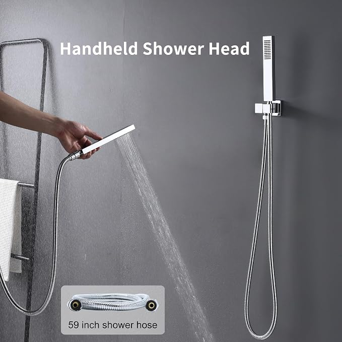 16X26 inch Shower System Chrome Shower Head and Handle Set | Temperature Display Shower Faucet with Dual 8 inch Shower Head, 6 Body Jet, Handheld Shower, 5 Functions Can All Run Together