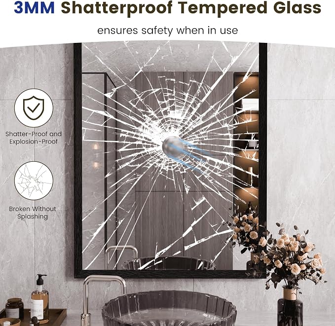 WEER Black Bathroom Mirror 22X30 Inch Rectangle | Matte Black Framed, Tempered Glass, Anti-Rust, Wall Mounted, Hangs Vertically or Horizontally
