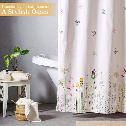 Maison d' Hermine Shower Curtain 100% Cotton One Panel 70"x72" Washable Fabric Shower Curtains for Bathroom, Easy Hanging with 12 Button Holes - Home Hotel Spa Easter Gifts (Botanical Fresh)