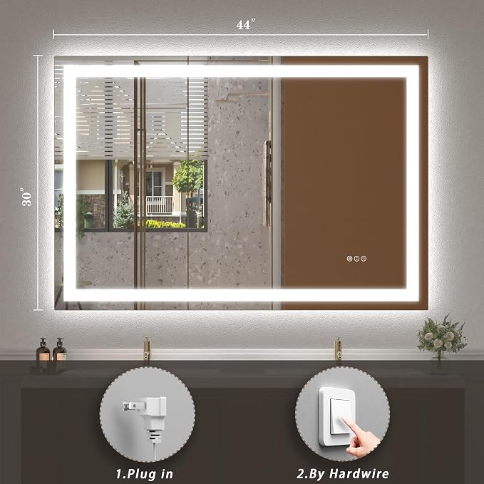 44x30 LED Lighted Bathroom Mirror for Vanity Wall | Front Light and Backlit, Anti-Fog, Memory, 3 Color, Tempered Glass, Dimmable, Rectangular, UL, Horizontal/ Vertical Mounted