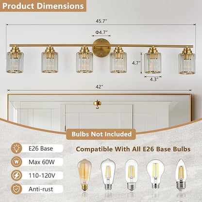 Modern 45.7" Crystal Vanity Light, 6 Light Bathroom Light Fixtures, Gold Vanity Light with Clear Crystal Shades, E26 Base Wall Sconces Vanity Lights for Bathroom Powder Room