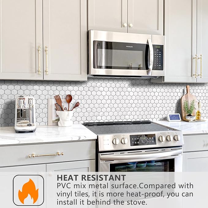 STICKGOO Peel and Stick Backsplash for Kitchen, Self-Adhesive Tile Hexagon Mosaic Tiles (10 Sheets, Carrara White Marble Look)