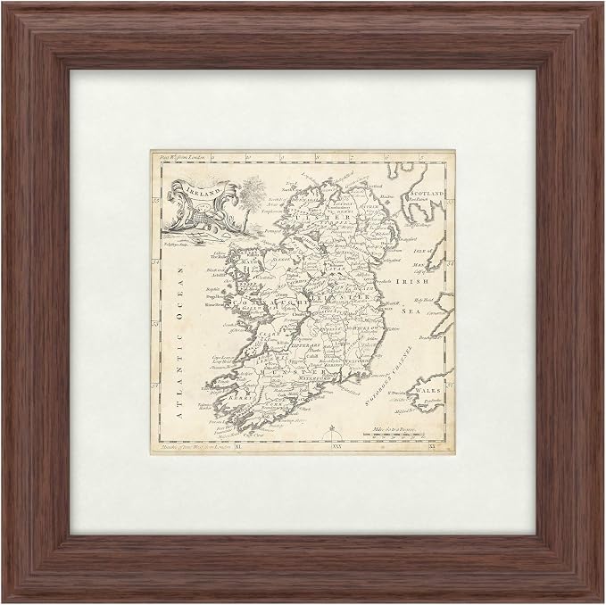 Framed Wall Art - T. Jeffreys ‘Map Of Ireland’ Wall Decor with Matted Frame - Living Room, Kitchen, and Bathroom Art - 11x11