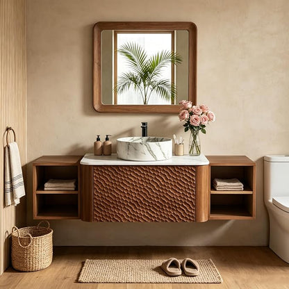 54 Inch Modern Bathroom Vanity with Ceramic Sink, Floating Bathroom Sink Cabinet with Sintered Stone Top&Solid Wood Hammered Frame, Single Bathroom Vanities w/Soft-Close Drawer&2 Side Open Cube