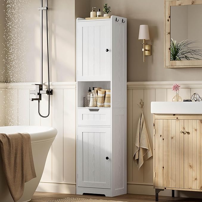 LIKIMIO Tall Bathroom Storage Cabinet with Lights, 2 Doors and 1 Drawer | Narrow Bathroom Storage Cabinet with Adjustable Shelves, 2 Hook, Slim Freestanding Cabinet for Small Space, 15.7" Wide, White