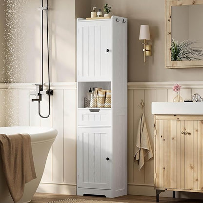 LIKIMIO Tall Bathroom Storage Cabinet with Lights, 2 Doors and 1 Drawer | Narrow Bathroom Storage Cabinet with Adjustable Shelves, 2 Hook, Slim Freestanding Cabinet for Small Space, 15.7" Wide, White