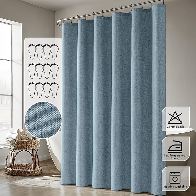 ANRODUO Dusty Blue Extra Long Linen Fabric Shower Curtain Set - W72xL108 | Farmhouse Shower Curtain with 12 Metal Hooks, Waterproof Heavy Duty, Button Hole Design, Machine Washable for Bathroom