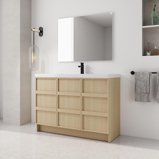 48-Inch Bathroom Vanity with Sink Mid-Century Bathroom Vanities with Top Basin Floor Wood Bathroom Sink Cabinet with Soft-Close Doors & Adjustable Storage Shelves (Oak)
