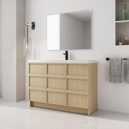 48-Inch Bathroom Vanity with Sink Mid-Century Bathroom Vanities with Top Basin Floor Wood Bathroom Sink Cabinet with Soft-Close Doors & Adjustable Storage Shelves (Oak)