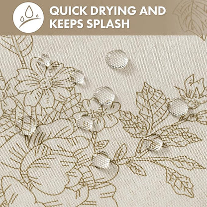 Extra Long Beige Floral Shower Curtain W72*L84 Inches Long | Linen Textured Fabric, 12 Rustproof Metal Hooks, Wrinkle Resistant Cloth, Machine Washable, Bathroom Decor for Cottage Core