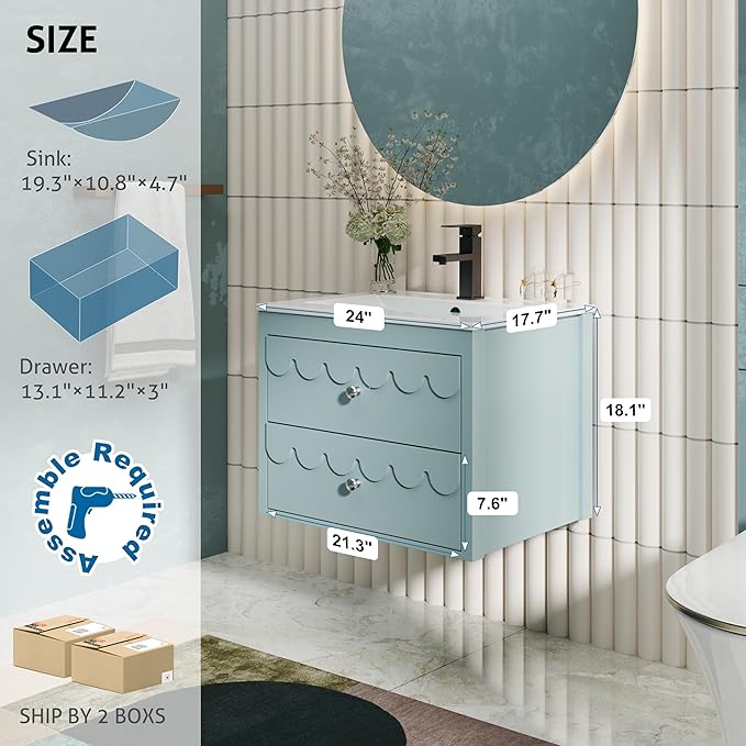 eclife 24" Floating Bathroom Vanity with Sink Combo, Modern Painted Wall-Mounted Vanities Storage Cabinet with Scalloped Decor, Undermount Basin, Faucet, Drain, Blue