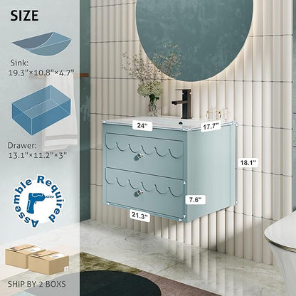 eclife 24" Floating Bathroom Vanity with Sink Combo, Modern Painted Wall-Mounted Vanities Storage Cabinet with Scalloped Decor, Undermount Basin, Faucet, Drain, Blue