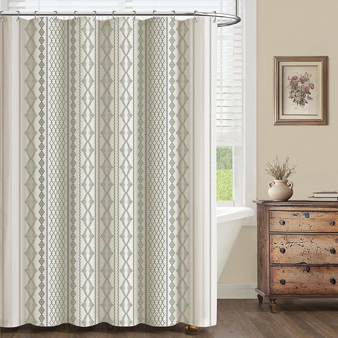 Sage Green Shower Curtain,Boho Linen Fabric for Bathroom with Striped Print,72" W x 72" L