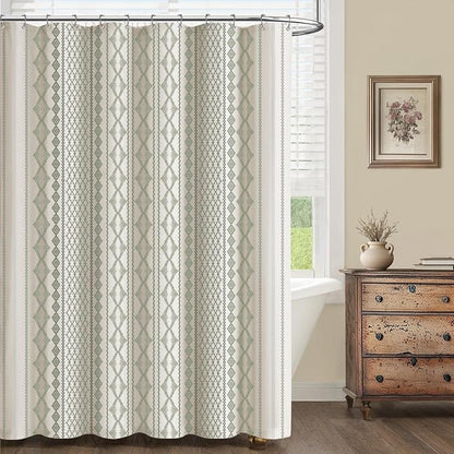 Sage Green Shower Curtain,Boho Linen Fabric for Bathroom with Striped Print,72" W x 72" L