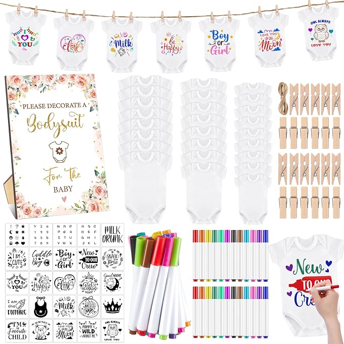 Panitay 126 Pcs Baby Shower DIY Bodysuit Set Bib 25 Blank White Newborn Bodysuit 25 Stencils 24 Marker 1 Sign 50 Pins(Floral)