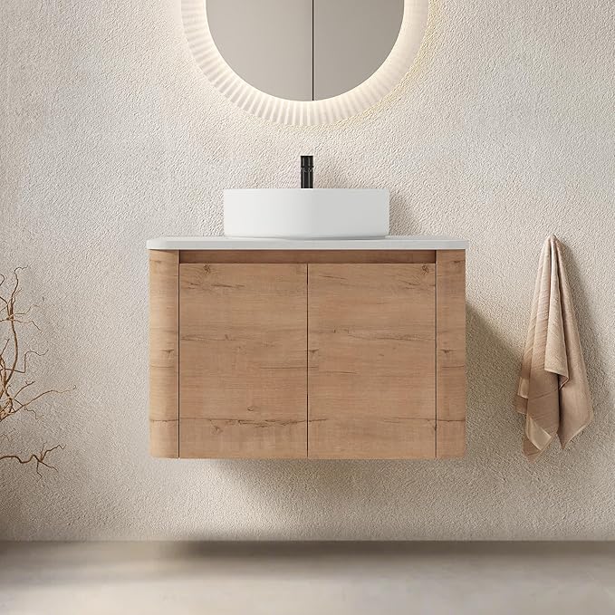 LKTART 30 Inch Floating Bathroom Vanity with Sink, Modern Wall Mounted Bathroom with Soft Close Door, White Round Ceramic Basin and Sintered Stone Top