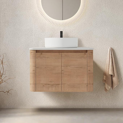 LKTART 30 Inch Floating Bathroom Vanity with Sink, Modern Wall Mounted Bathroom with Soft Close Door, White Round Ceramic Basin and Sintered Stone Top