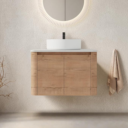 LKTART 30 Inch Floating Bathroom Vanity with Sink, Modern Wall Mounted Bathroom with Soft Close Door, White Round Ceramic Basin and Sintered Stone Top
