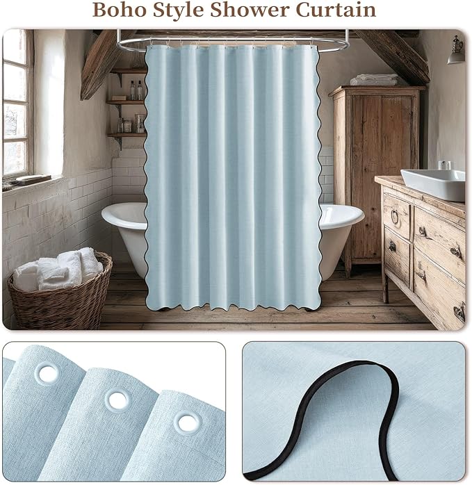 BTTN 84 inch Shower Curtain, Extra Long Scalloped Boho Linen Textured Thick Cloth Shower Curtain Set with 12 Hooks, Large Elegant Modern Waterproof Fabric Shower Curtains for Bathroom, 72x84, Fog Blue