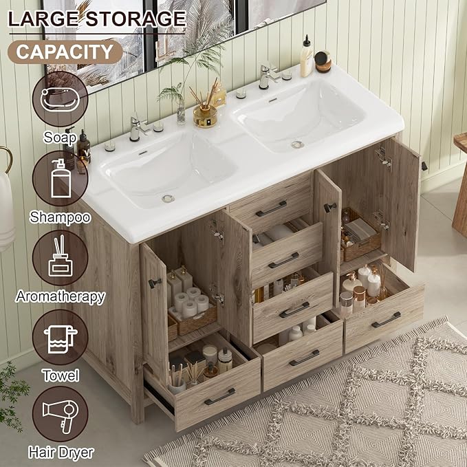 48" Bathroom Vanity with Sink Combo, Modern Bathroom Storage Cabinet with Double Sink Ceramic, 4 Doors and 5 Drawers, Space-Saving Storage Cabinet, Light Gray Wood