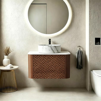 24 Inch Modern Bathroom Vanity with Ceramic Sink, Floating Bathroom Vanity Cabinet with Sintered Stone Top&Solid Wood Hammered Frame, Single Sink Bathroom Vanities w/Soft-Close Drawers,Walnut