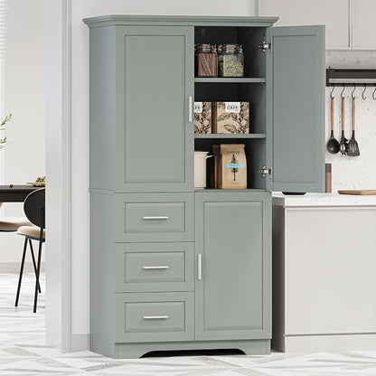 Merax 62.2" Pantry Cabinet with Three Doors & Three Drawers, Adjustable Shelves Storage Cupboard for Kitchen/Dining Room/Bathroom, Gray