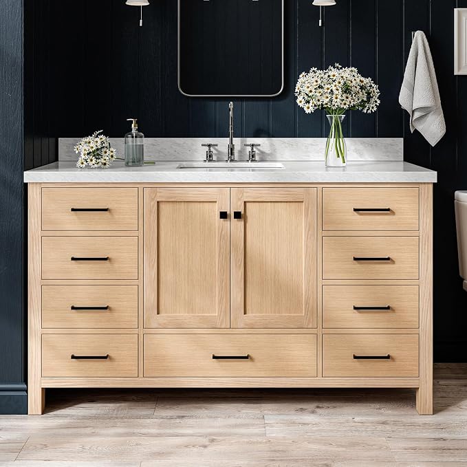 ARIEL Cambridge 60-inch Bathroom Vanity with Sink,Solid Wood, 1.5-inch Italian Carrara Marble Countertop, Single Rectangular Porcelain Sink, 2 Soft Closing Doors, 9 Dovetail Drawers, White Oak