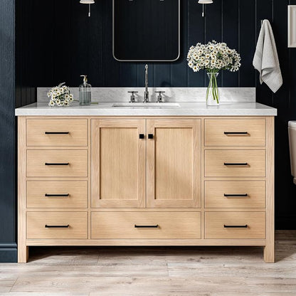 ARIEL Cambridge 60-inch Bathroom Vanity with Sink,Solid Wood, 1.5-inch Italian Carrara Marble Countertop, Single Rectangular Porcelain Sink, 2 Soft Closing Doors, 9 Dovetail Drawers, White Oak