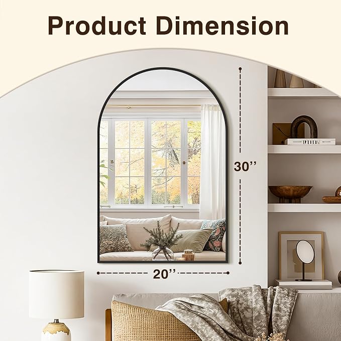 Arched Bathroom Vanity Mirror for Over Sink, 30”x20”, Black | HD Tempered Glass, Anti-Rust Metal Frame, Hanging or Leaning, Wall Mirrors for Bathroom Sink, Bedroom, Living Room, Entryway