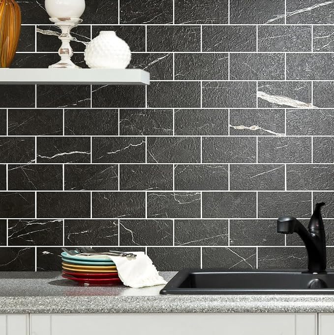 AULIGET Faux Stone Backsplash Peel and Stick PVC Tile, 3 Inch x 6 Inch Black Marble with White Grout Stick on Tiles for Backsplash, Pack of 4