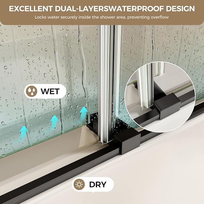Frameless Stainless Steel Sliding Shower Door, 56-60" W x 60" H - 5/16" (8mm) Thick Tempered Glass Rust-Proof Glass Shower Door with Dual Tracks in Matte Black