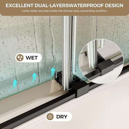 Frameless Stainless Steel Sliding Shower Door, 56-60" W x 60" H - 5/16" (8mm) Thick Tempered Glass Rust-Proof Glass Shower Door with Dual Tracks in Matte Black