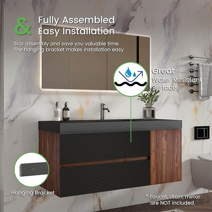 48 Inch Bathroom Vanity with Sink, Floating Bathroom Cabinet with 2 Soft-Closing Drawers & 1 Door, Large Storage for Apartment, Hotel, Walnut+Black, Black Sink(Already Assembled)