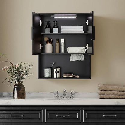 Modern Fluted Bathroom Wall Cabinet with Motion Sensor LED Light, Black Over The Toilet Storage with Tissue Dispenser, Soft-Close Hanging Medicine Cabinet with Adjustable Shelves & Open Rack