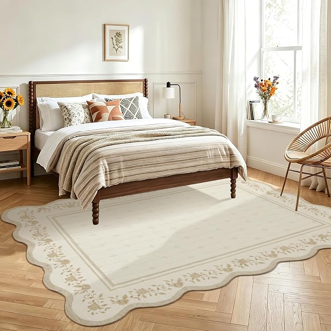 Garvee Washable Rugs for Living Room 8x10 Area Rugs Scalloped Rug Ivory | Modern Bordered Non Slip Large Kids Bedroom Carpet Indoor Stain Resistant Floor Cover for Bedroom Dining Room Office Nursery
