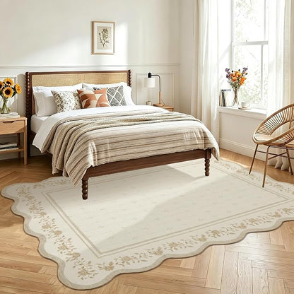 Garvee Washable Rugs for Living Room 8x10 Area Rugs Scalloped Rug Ivory | Modern Bordered Non Slip Large Kids Bedroom Carpet Indoor Stain Resistant Floor Cover for Bedroom Dining Room Office Nursery