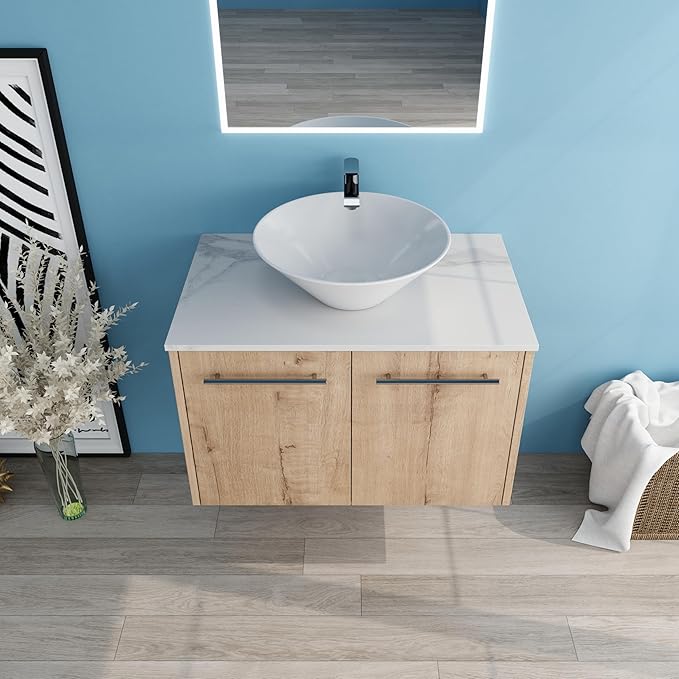 30" Floating Vanity with Sink, 30 Inch Bathroom Vanity with Sink, Modern Plywood Floating Cabinet with Sintered Stone Countertop and White Ceramic Basin, Soft Close Doors
