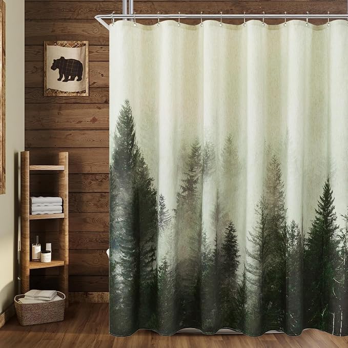ORTIGIA Green Misty Forest Linen Shower Curtain Nature Mountain Tree Woodland Shower Curtain Set for Bathroom Heavy Blend Fabric Curtains with 10 Metal Hooks 60x72 Inch