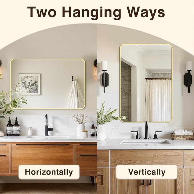Vanity Bathroom Mirror, 30”x20” Gold Bathroom Mirror for Over Sink | HD Tempered Glass, Anti-Rust Frame, Vertical or Horizontal, Wall Mirrors for Bathroom Sink, Living Room, Entryway, Bedroom