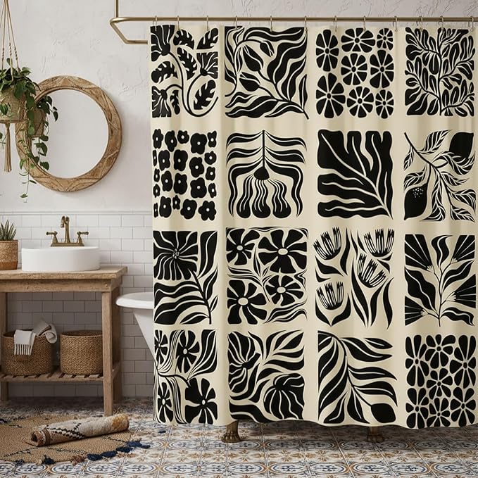 JAWO Retro Shower Curtain Vintage Abstract Boho Floral Shower Curtains for Bathroom Decor Pink Black Botanical Geometric Groovy Aesthetic Pattern Shower Curtain Sets with Hooks,70X70IN