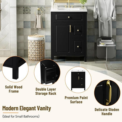 Favfurish 24" Bathroom Vanity with Ceramic Sink,Free Standing Single Basin Vanity w/Soft Close Door and Soft Closing Drawers,Wooden Bath Cabinet with Double Storage Racks on The Door,Black