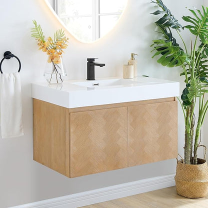 36 Inch Floating Sink Bathroom Vanity Wall Mount Single Vanities Overflow Mordern Large Storge Cabinet with Ceramic Countertop Double Soft Closing Drawers Pre-Assembled