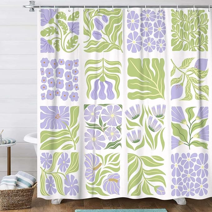JAWO Cute Boho Floral Shower Curtain, Purple Green Abstract Floral Retro Aesthetic Shower Curtain for Bathroom, Funky Unique Waterproof Fabric Polyester Bath Curtains Decor with Hooks,70Wx70H